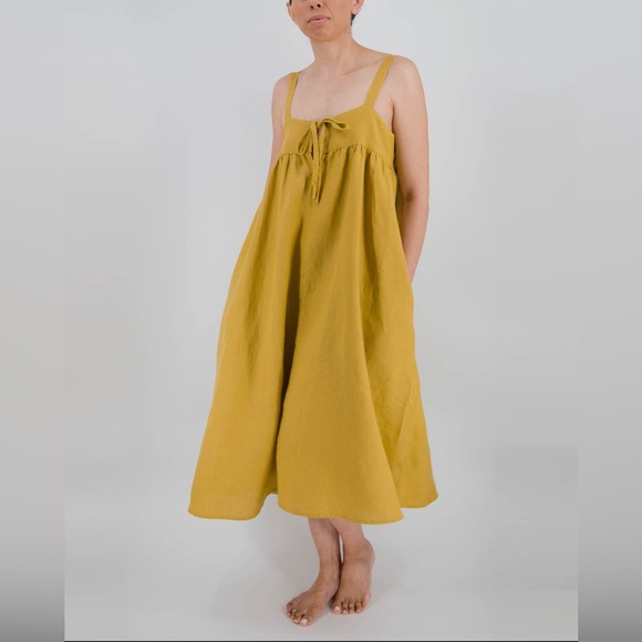 Ochre Yellow Linen Midi Strap Dress - Picture 1 of 2